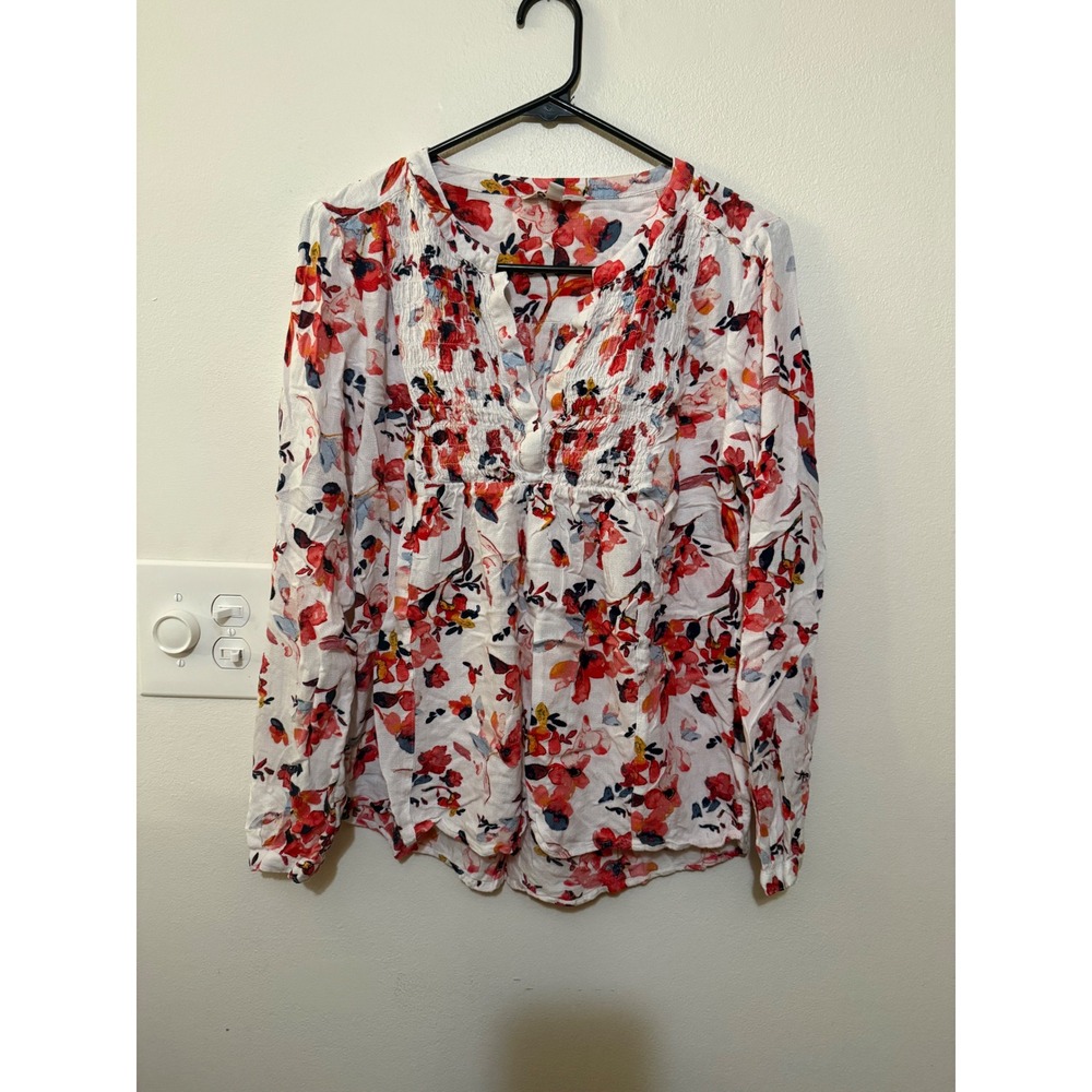 Lucky Brand Watercolor Floral Smocked Long Sleeve Blouse Size M